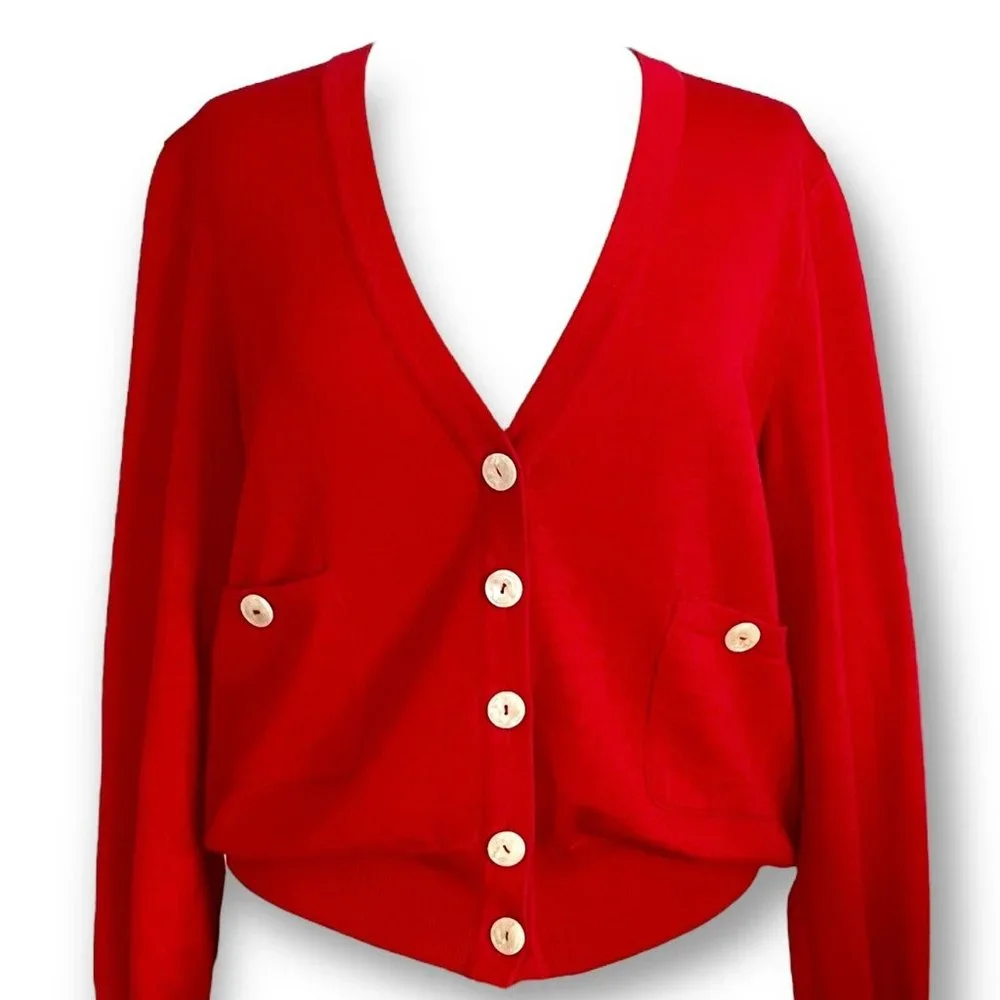 Valentino Womens Red Cardigan Sz M Vintage 80s Luxury Wool Knit Blouson Sweater - Picture 3 of 9